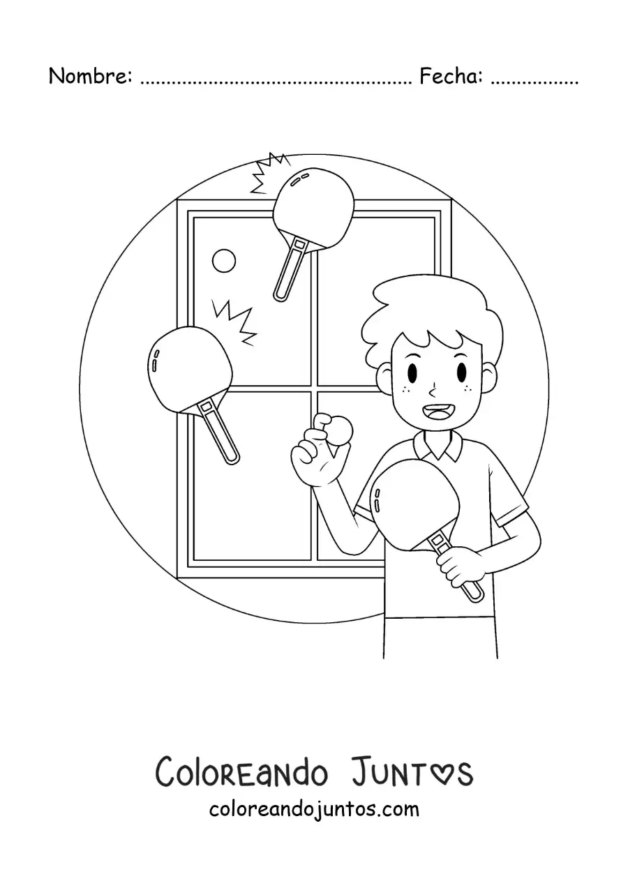 Imagen para colorear de niño con una mesa y paletas de ping pong