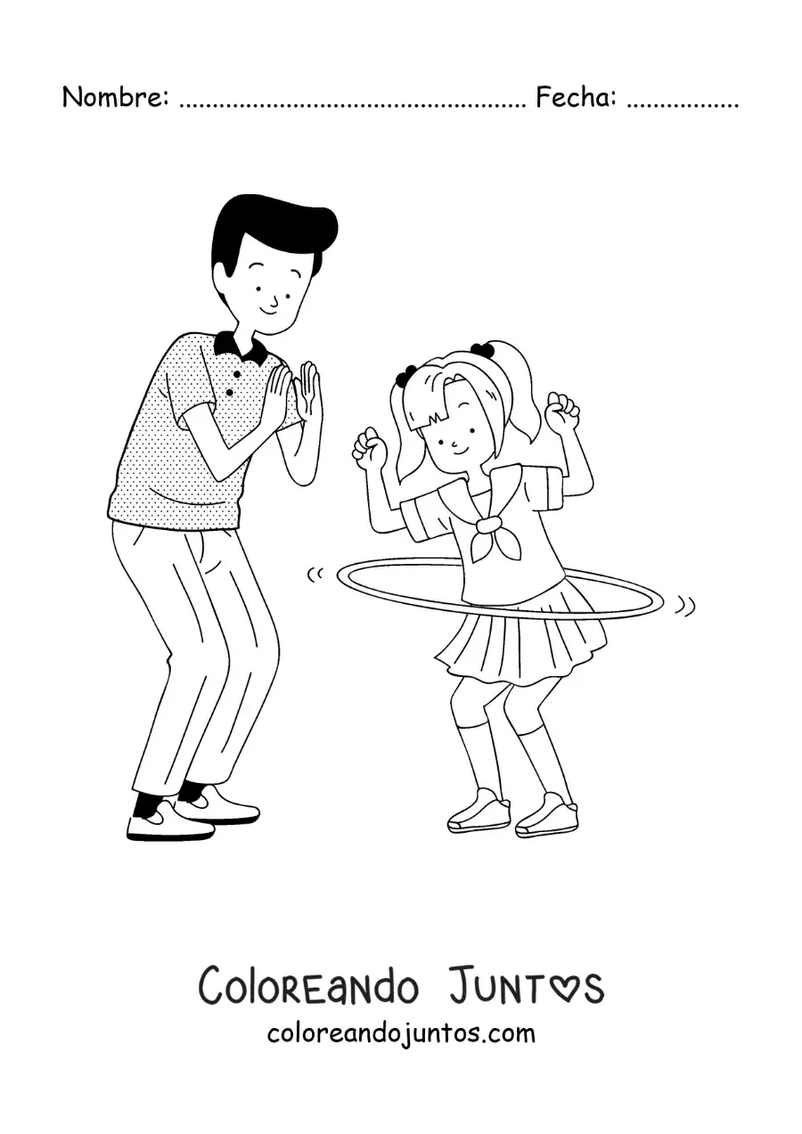 Imagen para colorear de niña y su padre jugando con aro hula hula