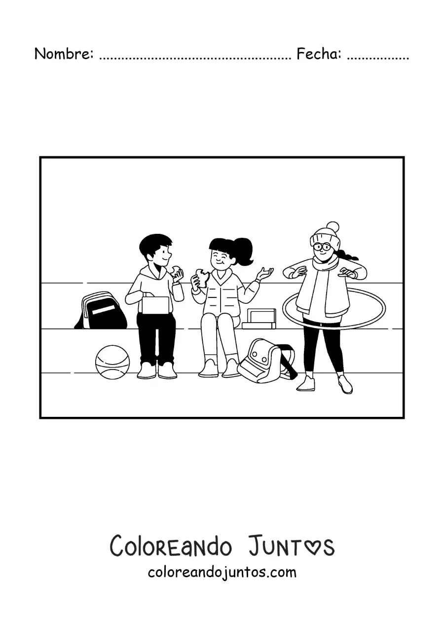 Imagen para colorear de niños en el recreo con aro hula hula