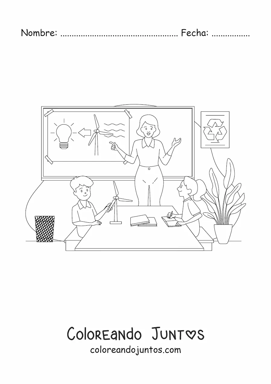 Imagen para colorear de una maestra y dos alumnos en una clase de ecología