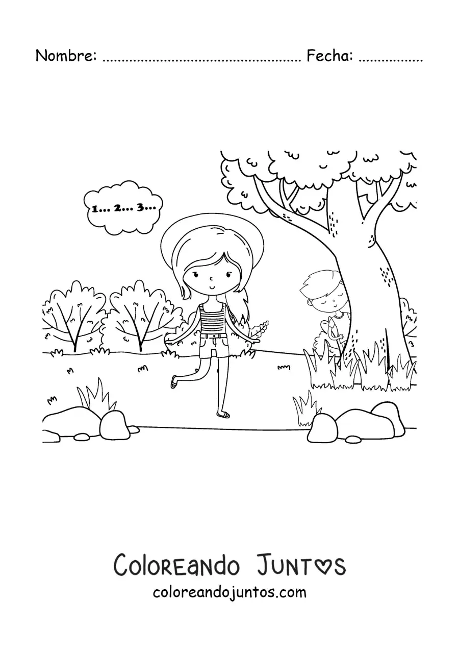 Imagen para colorear de niños jugando a las escondidas al aire libre