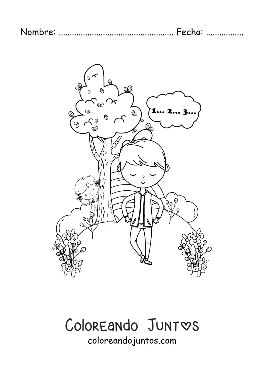 Imagen para colorear de niño escondido detrás de un árbol jugando a las escondidas