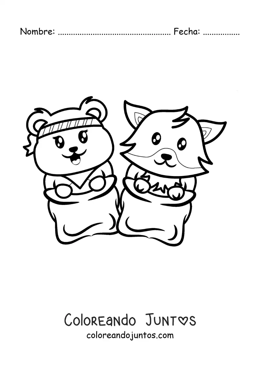 Imagen para colorear de animales animados en una carrera de sacos
