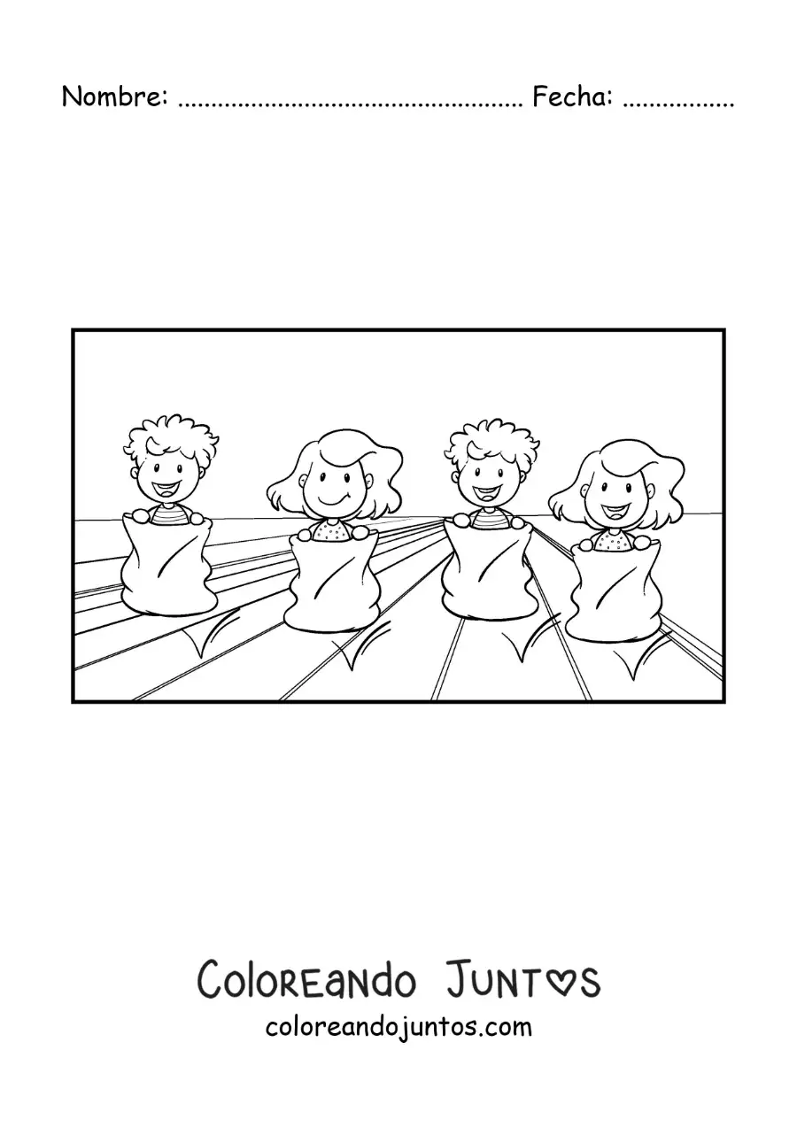 Imagen para colorear de niños jugando en una carrera de sacos