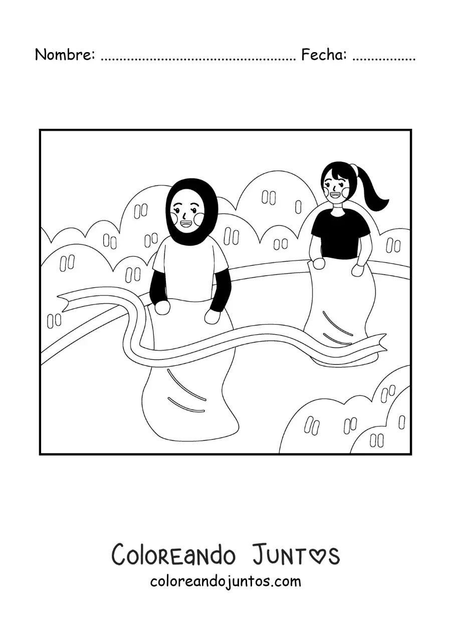 Imagen para colorear de dos chicas en una carrera de sacos tradicional