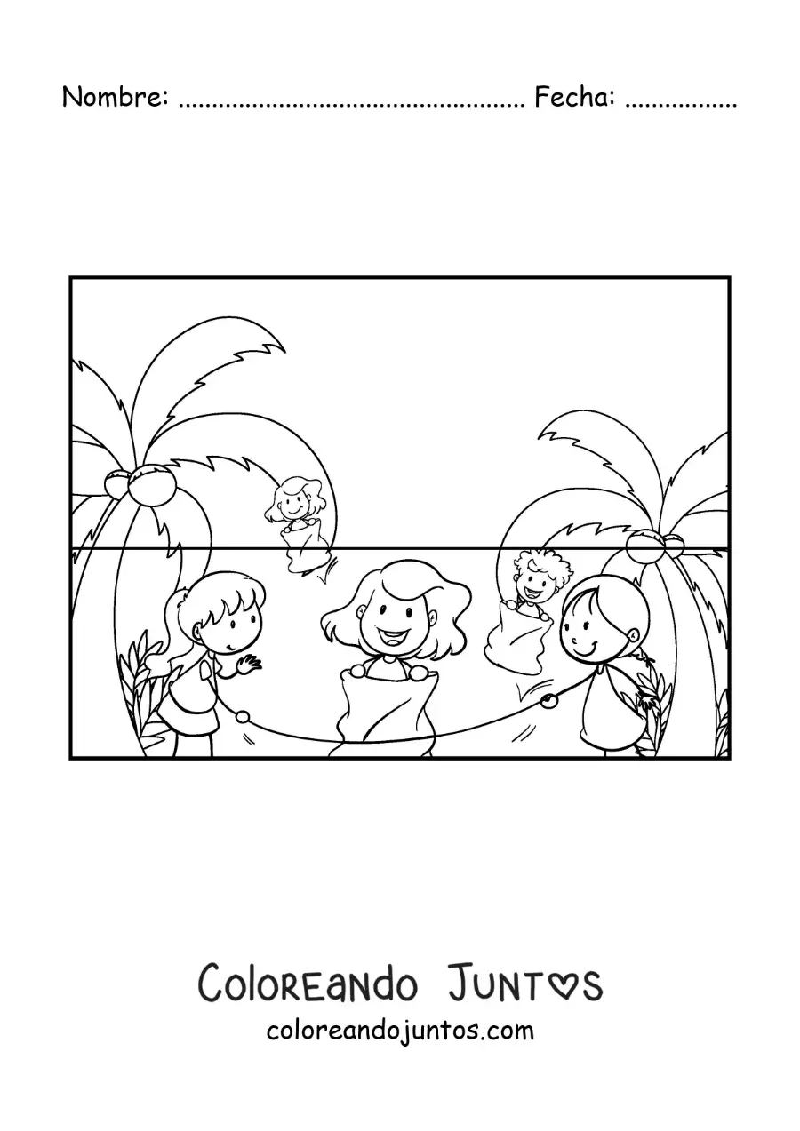 Imagen para colorear de niñas jugando a saltar la cuerda en un saco en la playa