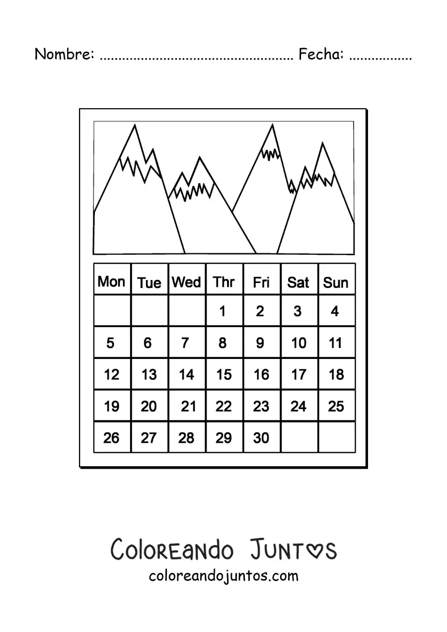 Imagen para colorear de un calendario animado con fotos de montañas