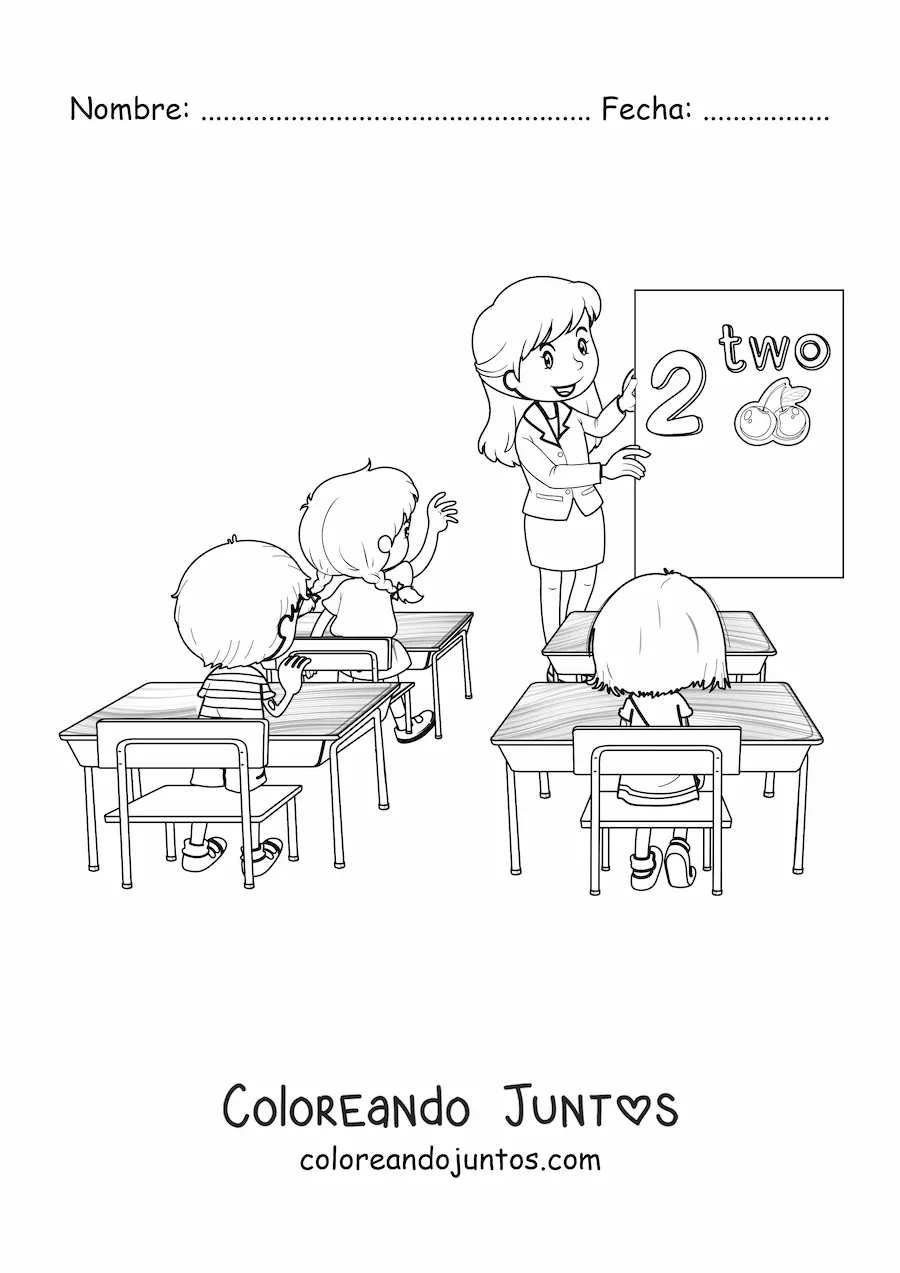 Imagen para colorear de una maestra frente a la pizarra dando clases a varios alumnos