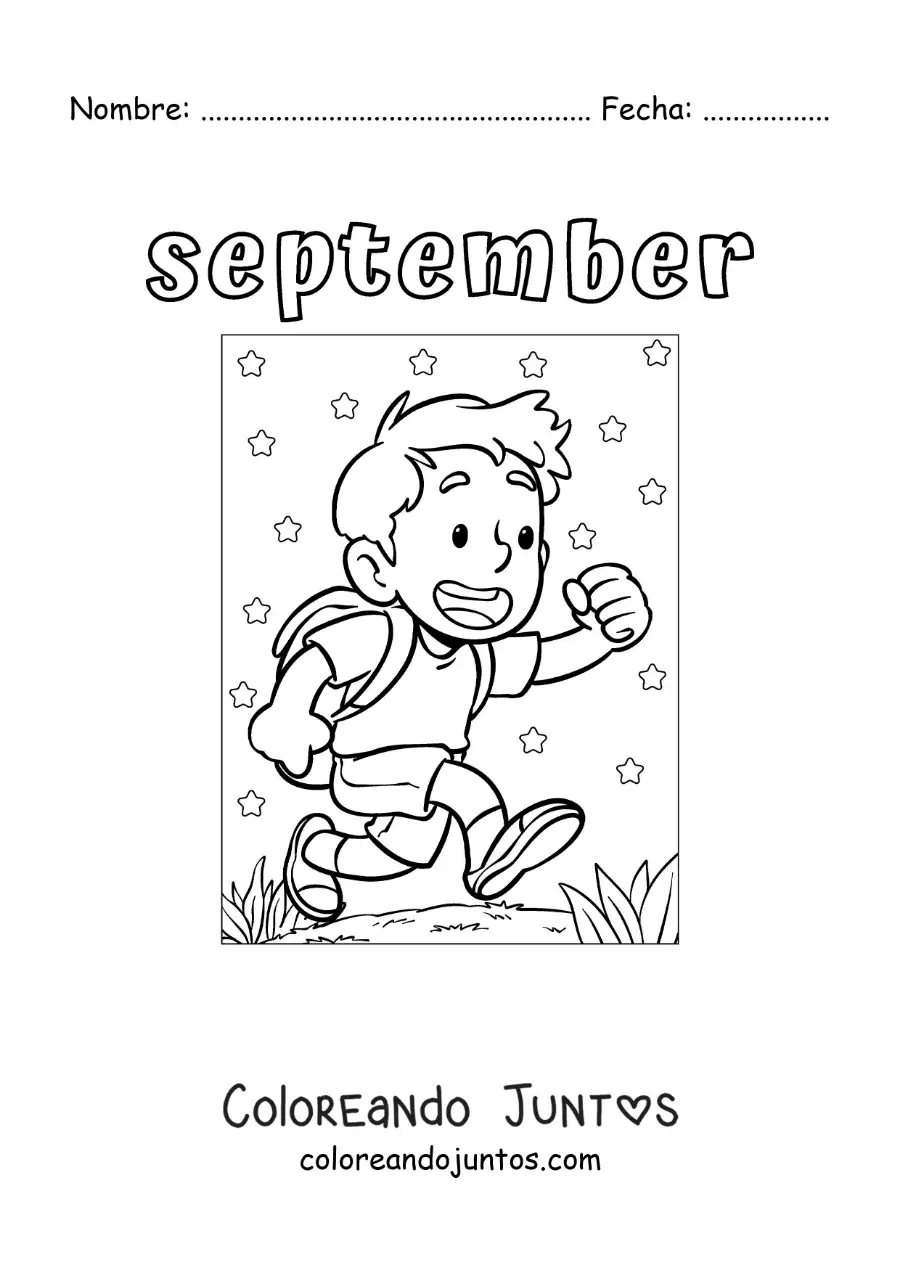 Imagen para colorear de september con un niño de camino a la escuela