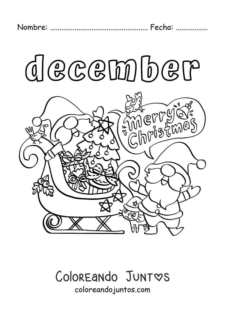 Imagen para colorear de december con santa claus en navidad diciendo merry christmas