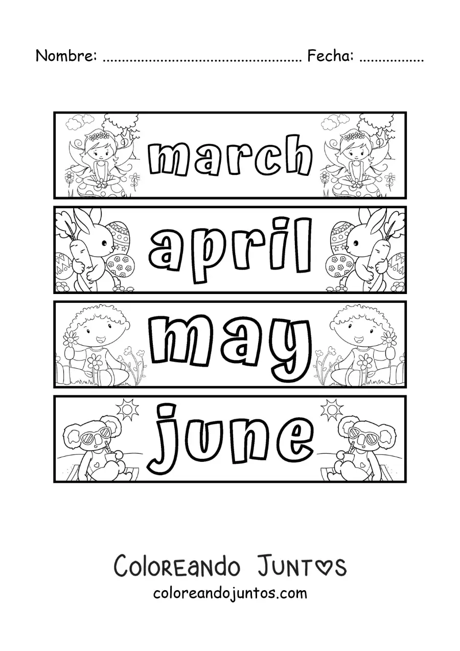 Imagen para colorear de fichas infantiles con los meses en inglés de marzo a junio