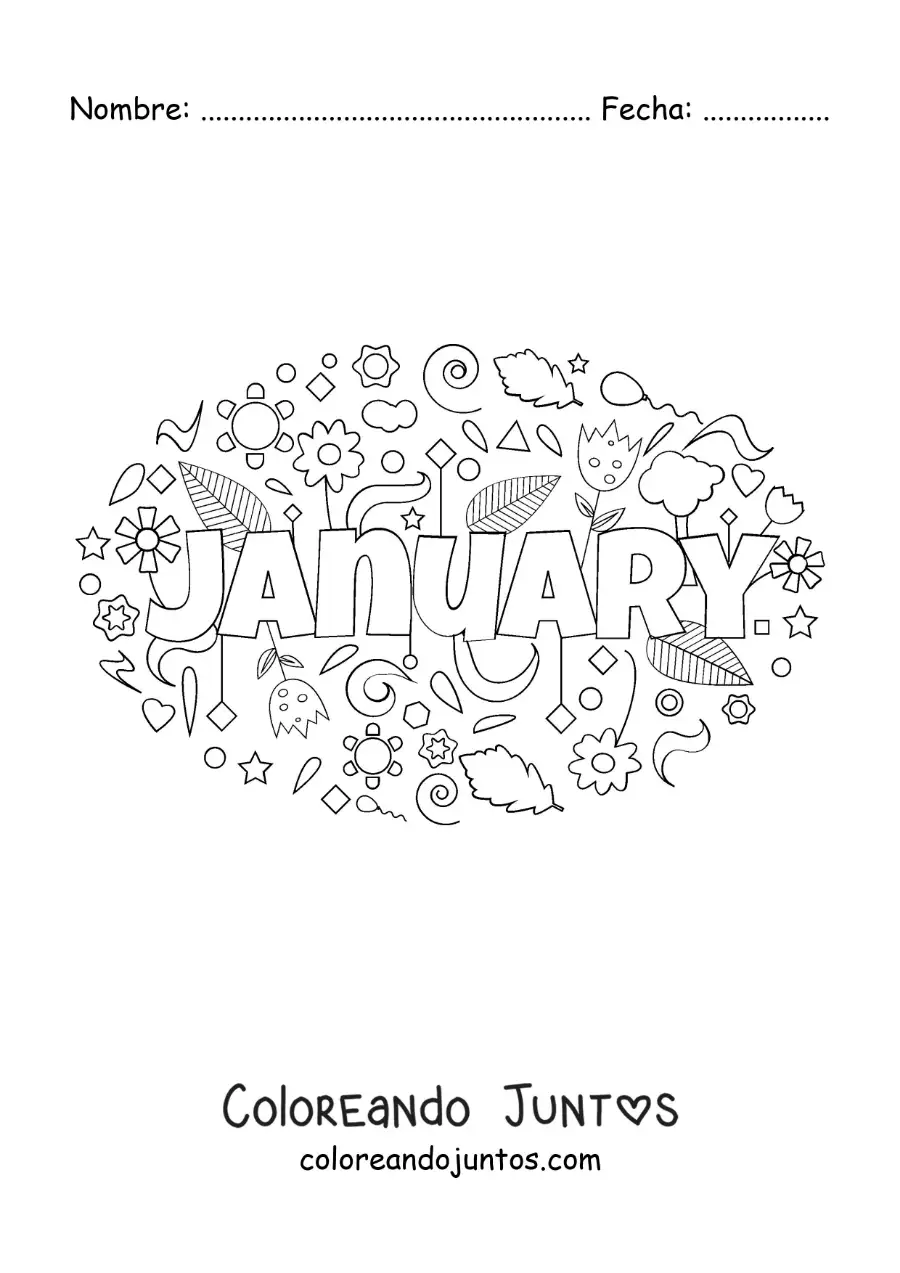 Imagen para colorear de enero en inglés con flores