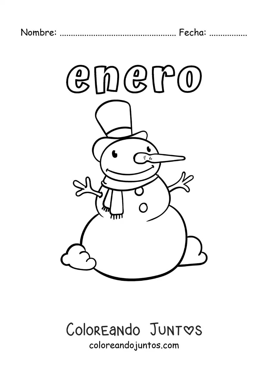 Imagen para colorear de enero con un hombre de nieve animado