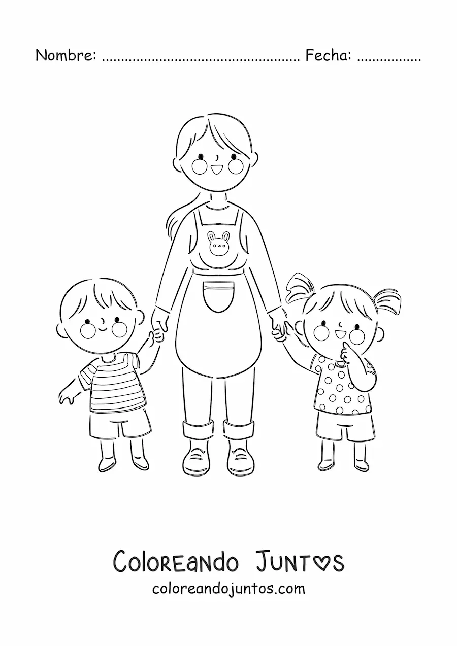 Imagen para colorear de una maestra de la mano de dos alumnos de kinder
