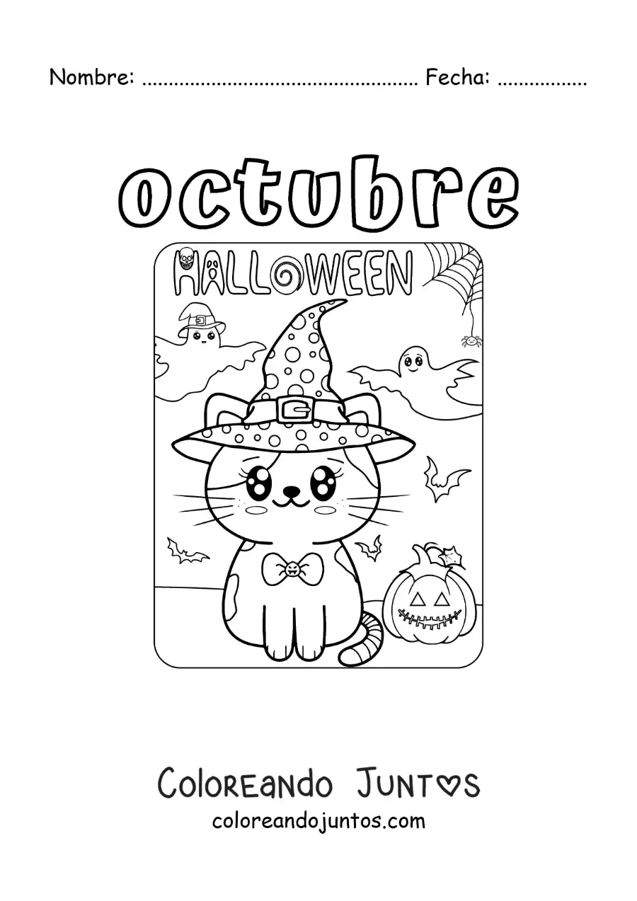 Imagen para colorear de octubre con un tierno gato en halloween