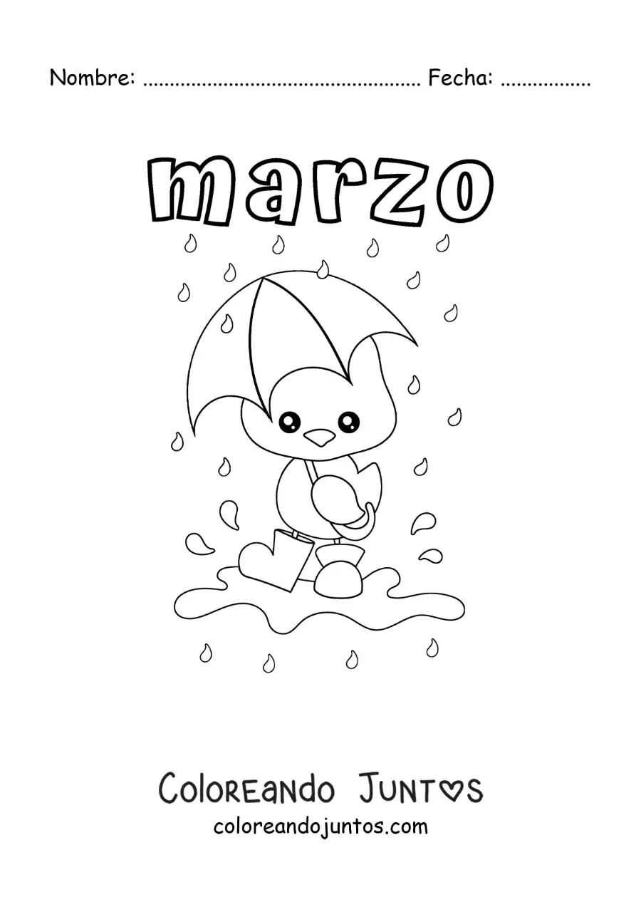 Imagen para colorear de marzo con un pato animado en la lluvia