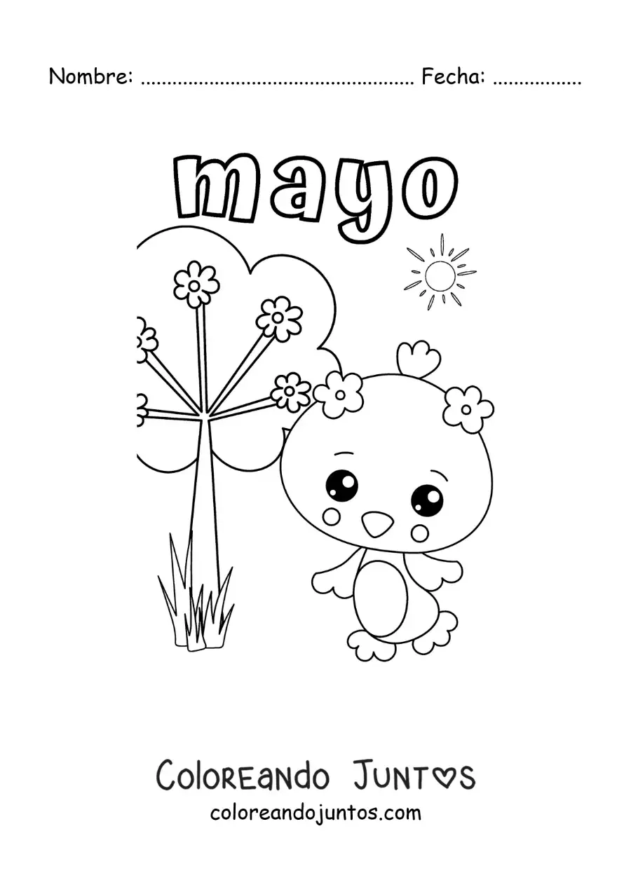 Imagen para colorear de mayo con un ave animada en primavera