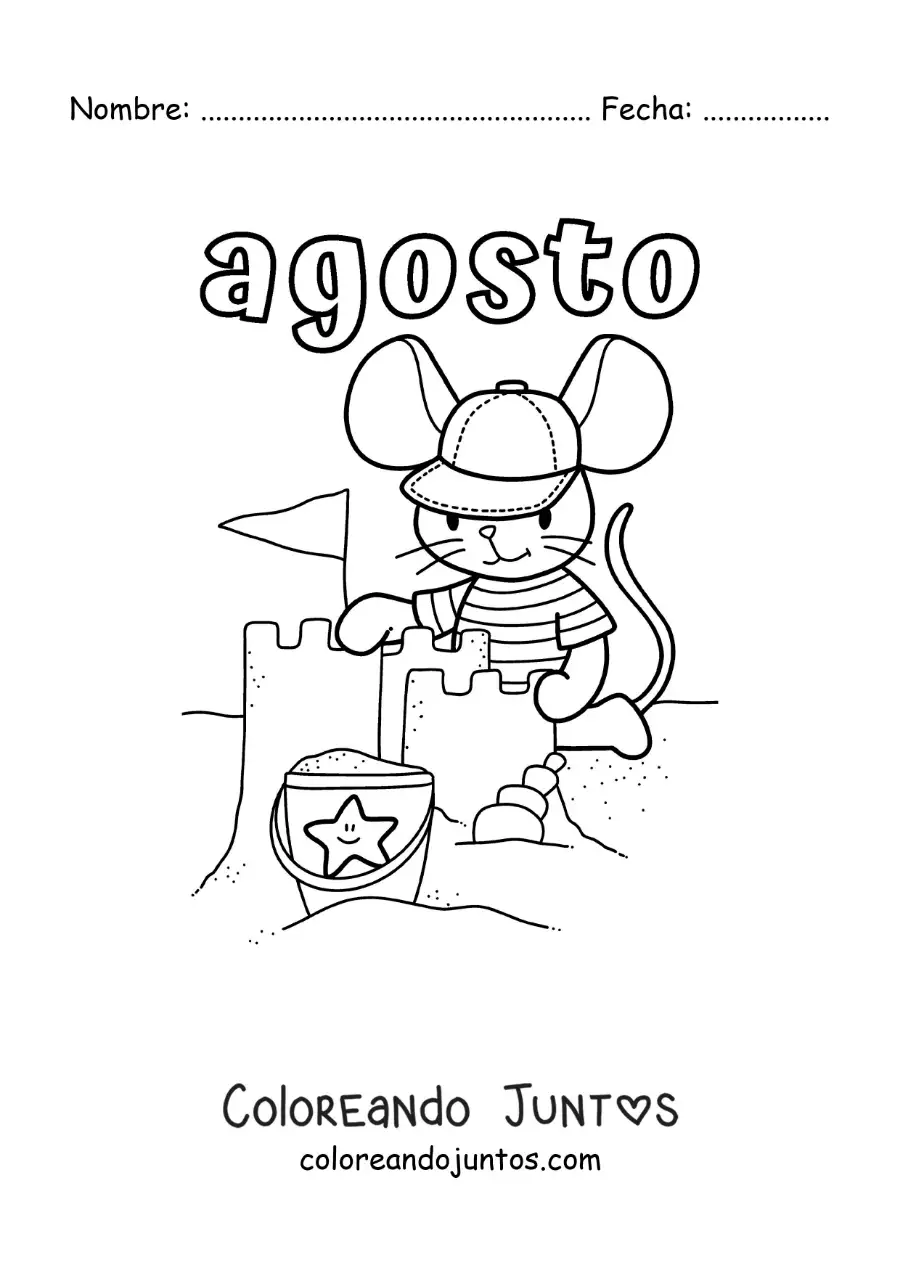 Imagen para colorear de agosto con un ratón animado construyendo un castillo de arena