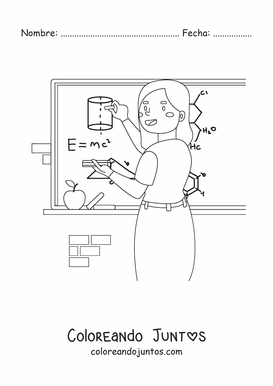 Imagen para colorear de una profesora de ciencias explicando una fórmula