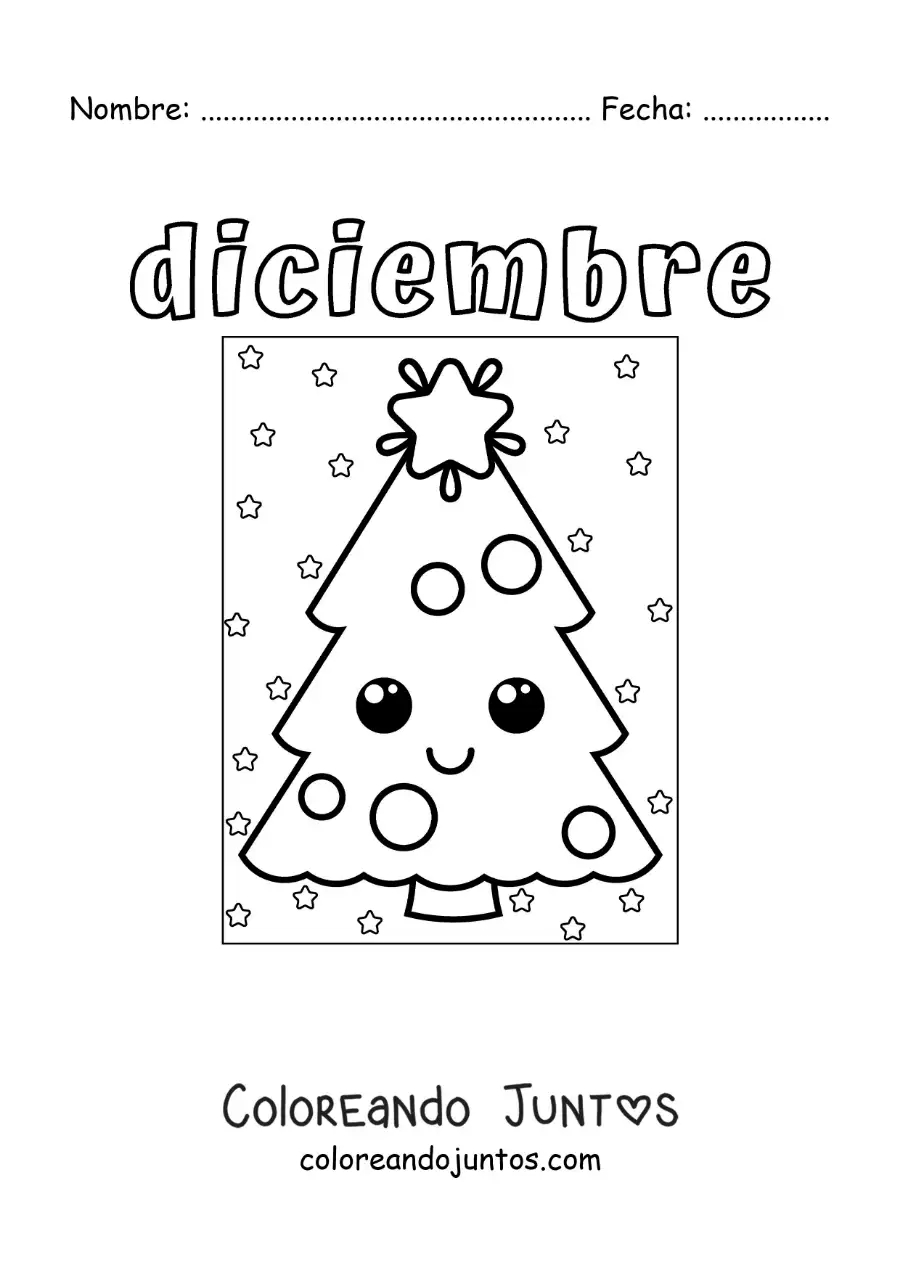 Imagen para colorear de diciembre con un árbol de navidad animado