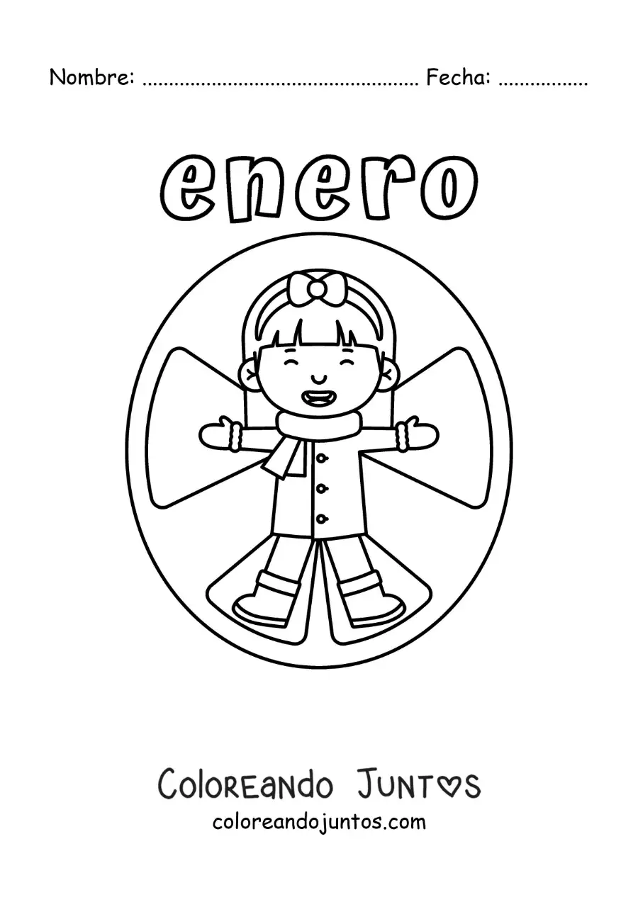 Imagen para colorear de enero con una niña haciendo un ángel de nieve