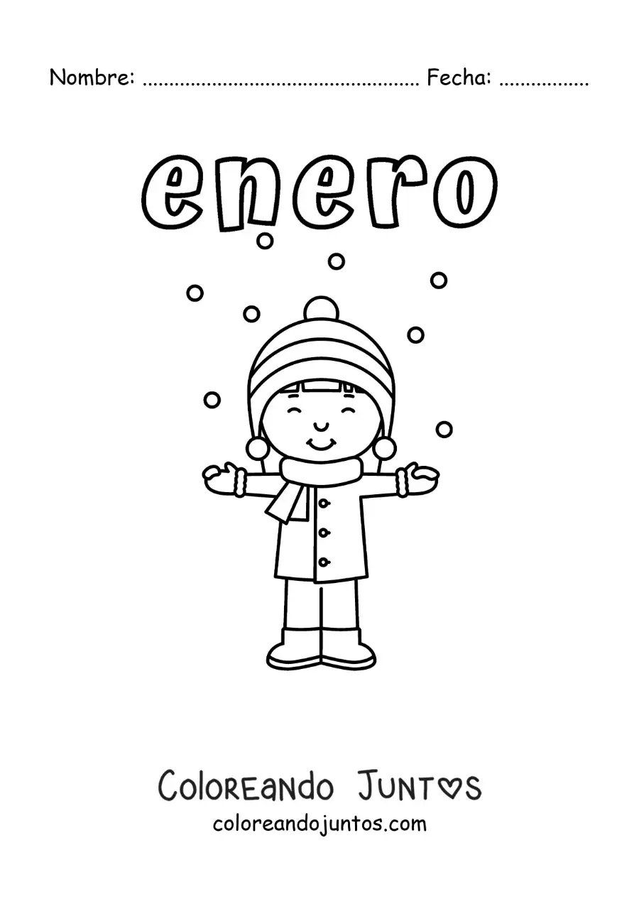 Imagen para colorear de enero con un niño en la nieve
