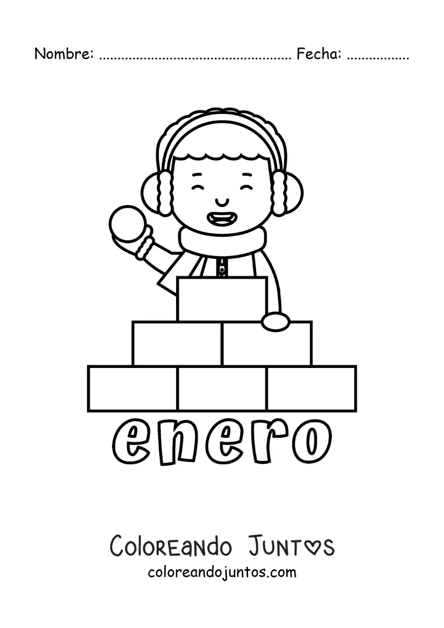 Imagen para colorear de enero con un niño jugando en la nieve
