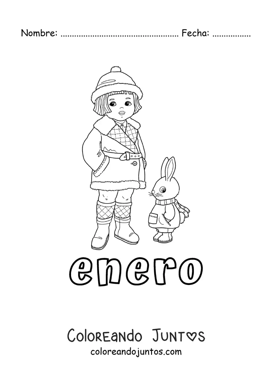 Imagen para colorear de enero con una niña con ropa de invierno