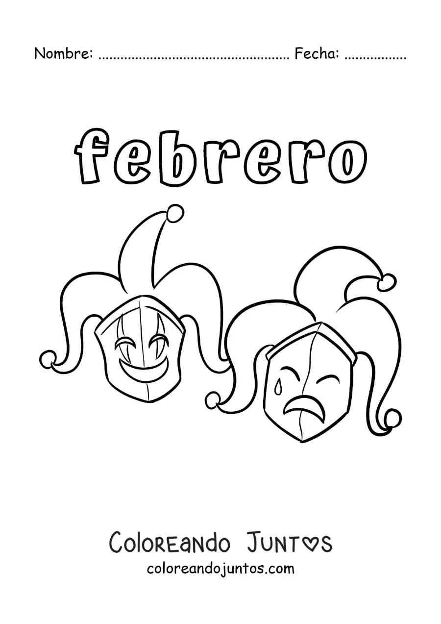 Imagen para colorear de febrero con máscaras de carnaval