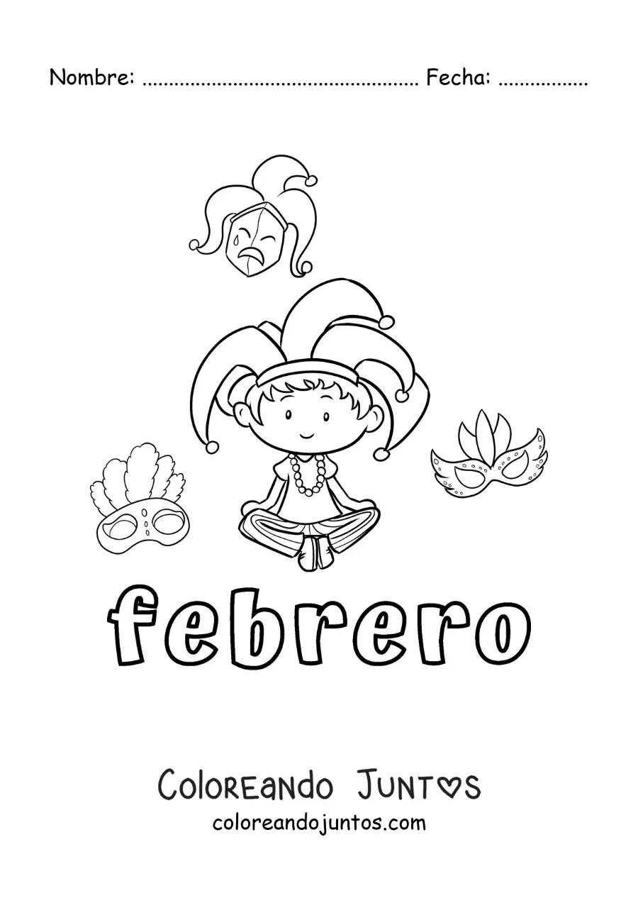 Imagen para colorear de febrero con un niño en el carnaval