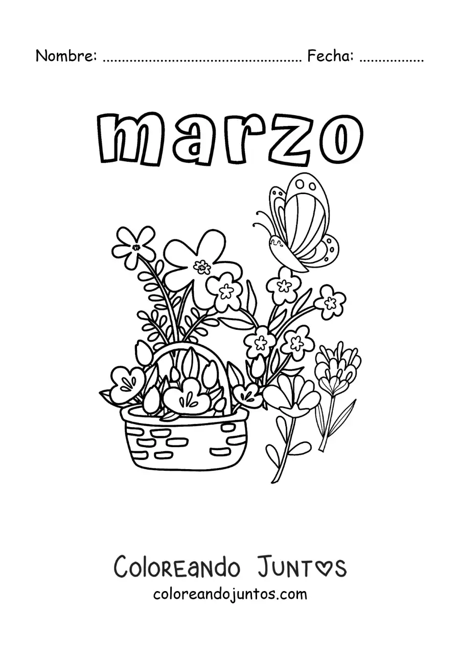 Imagen para colorear de marzo con flores y una mariposa