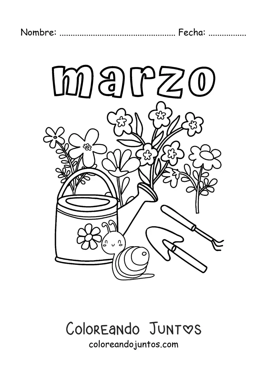 Imagen para colorear de marzo con flores y un caracol
