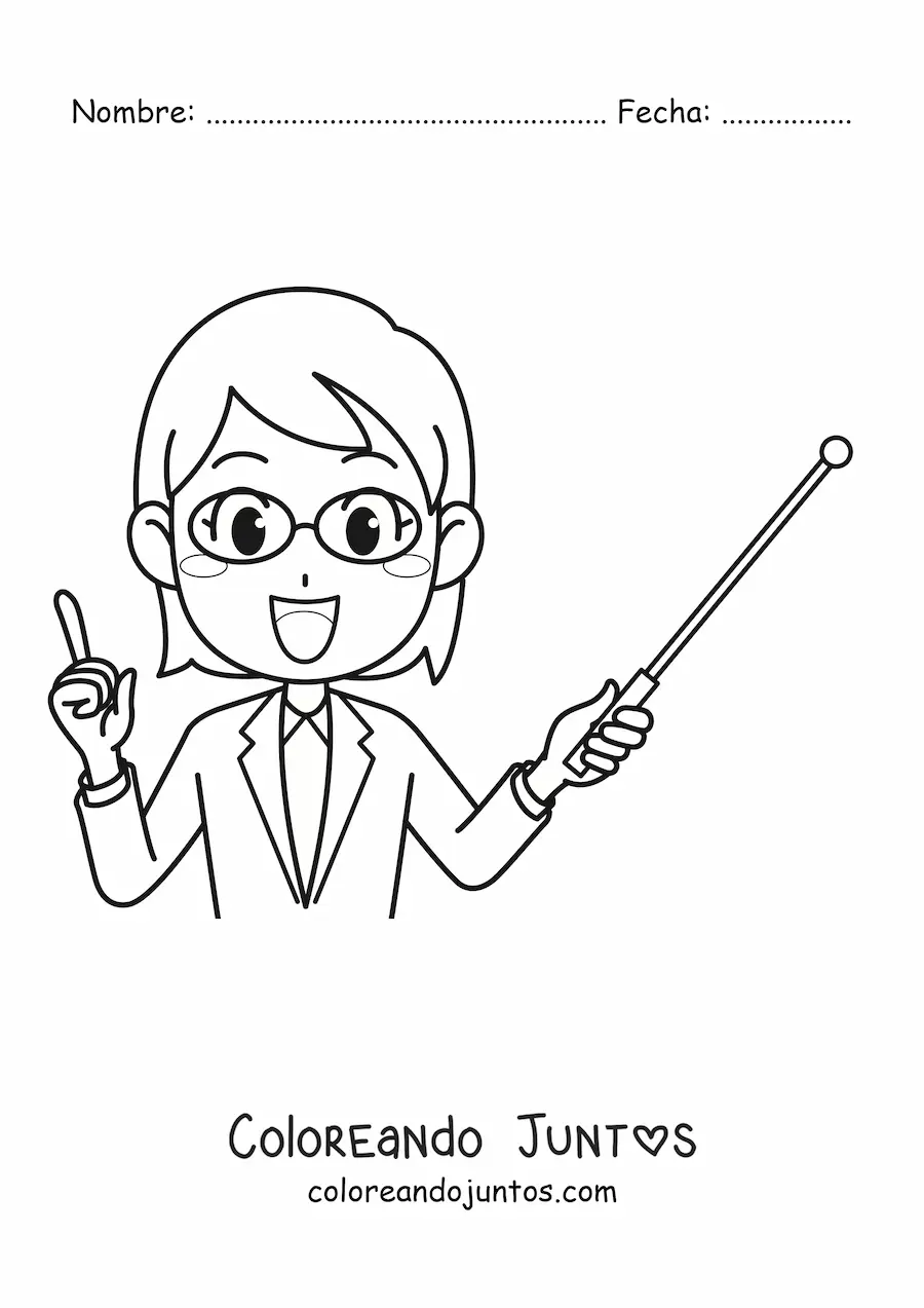 Imagen para colorear de una profesora animada con un apuntador de pizarra}