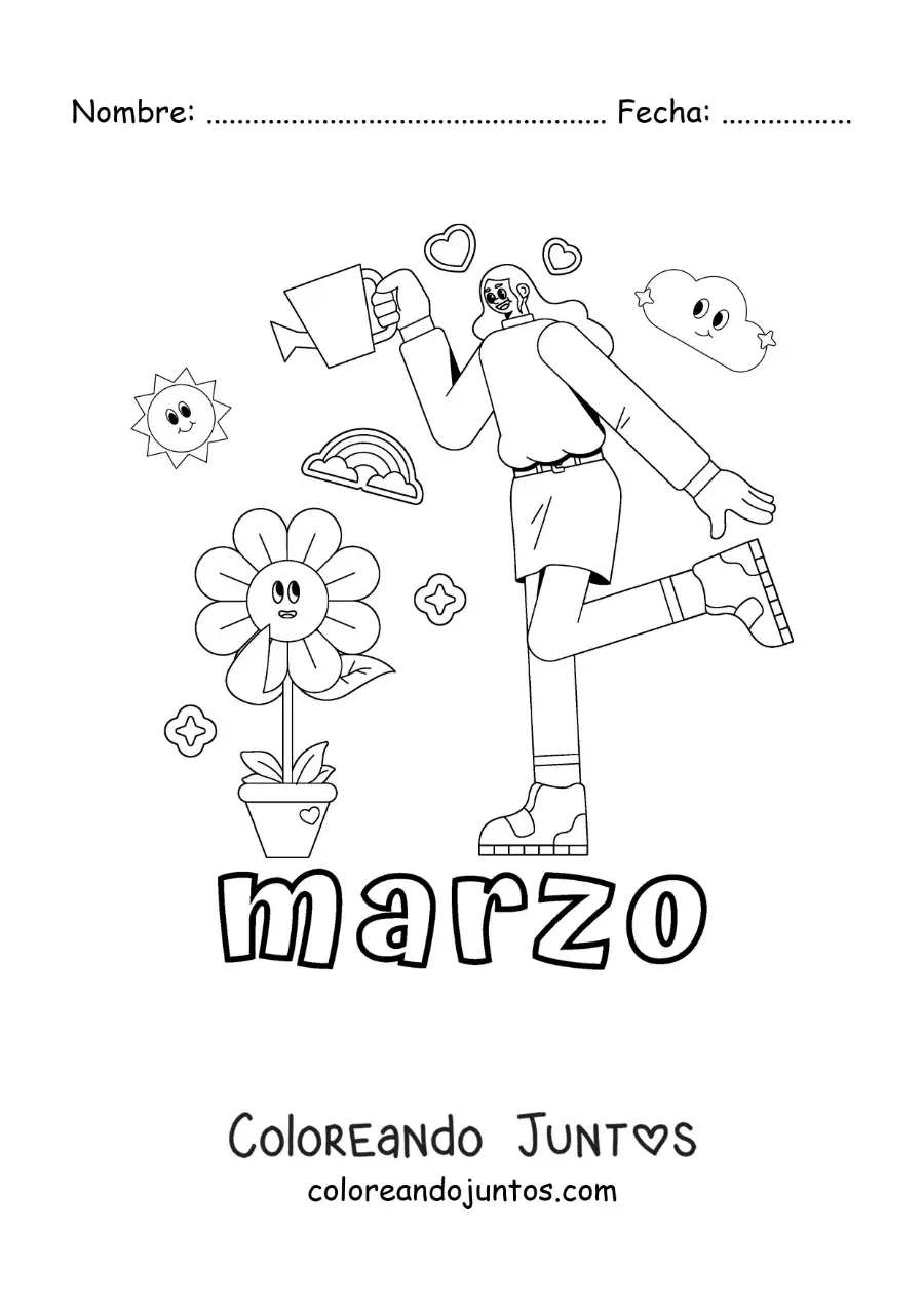 Imagen para colorear de marzo con una chica regando las flores