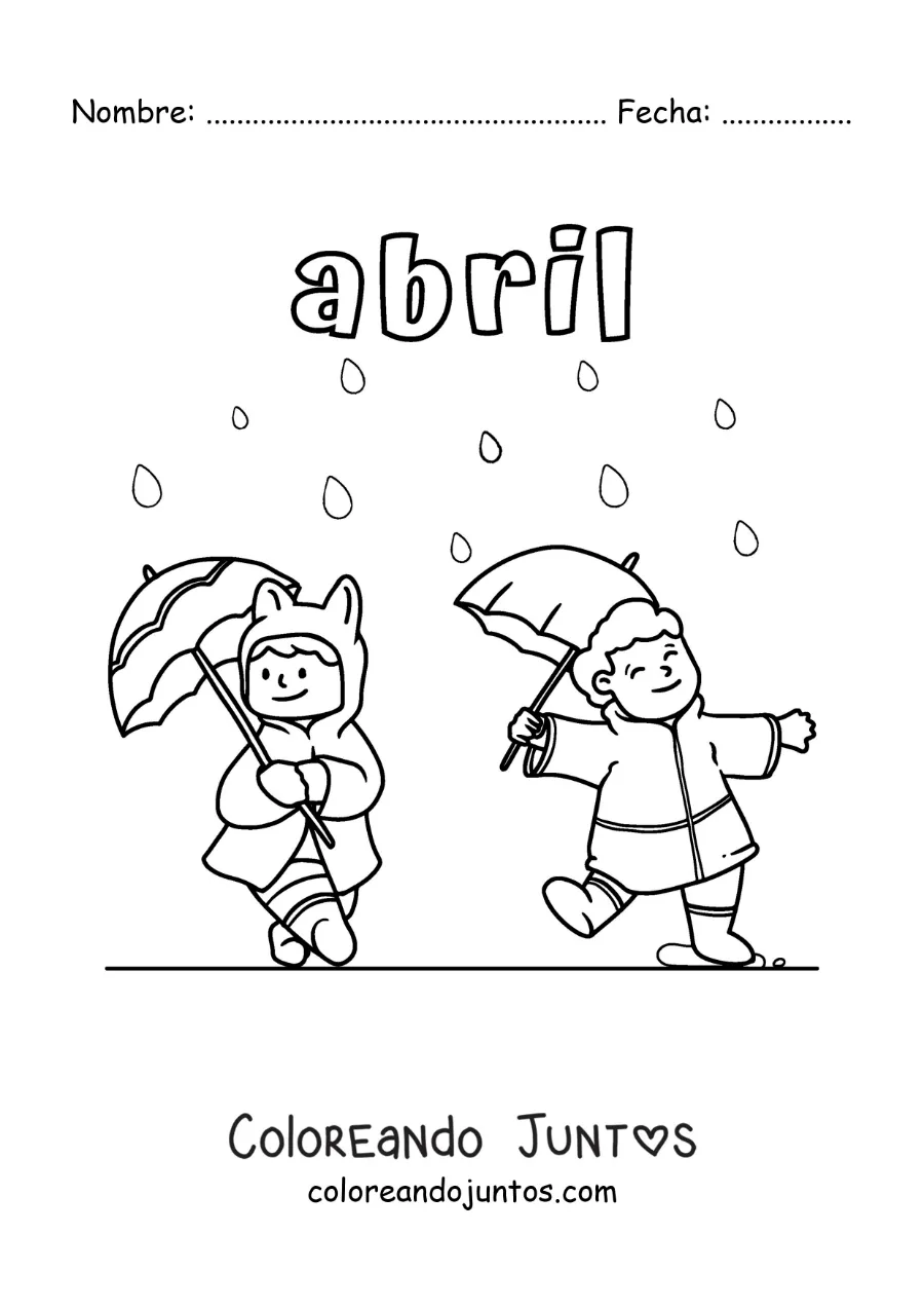 Imagen para colorear de abril con niños bajo la lluvia