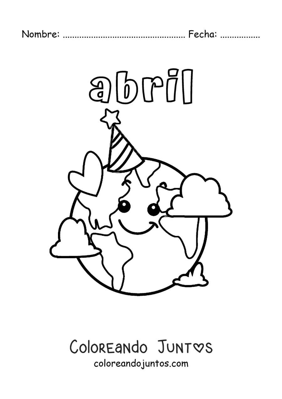 Imagen para colorear de abril con la tierra animada en su día con un gorro de cumpleaños