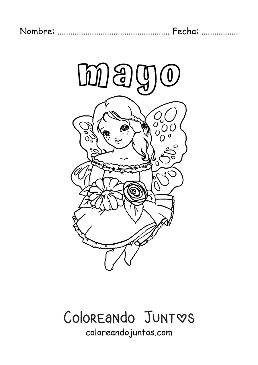 Imagen para colorear de mayo con un hada de primavera