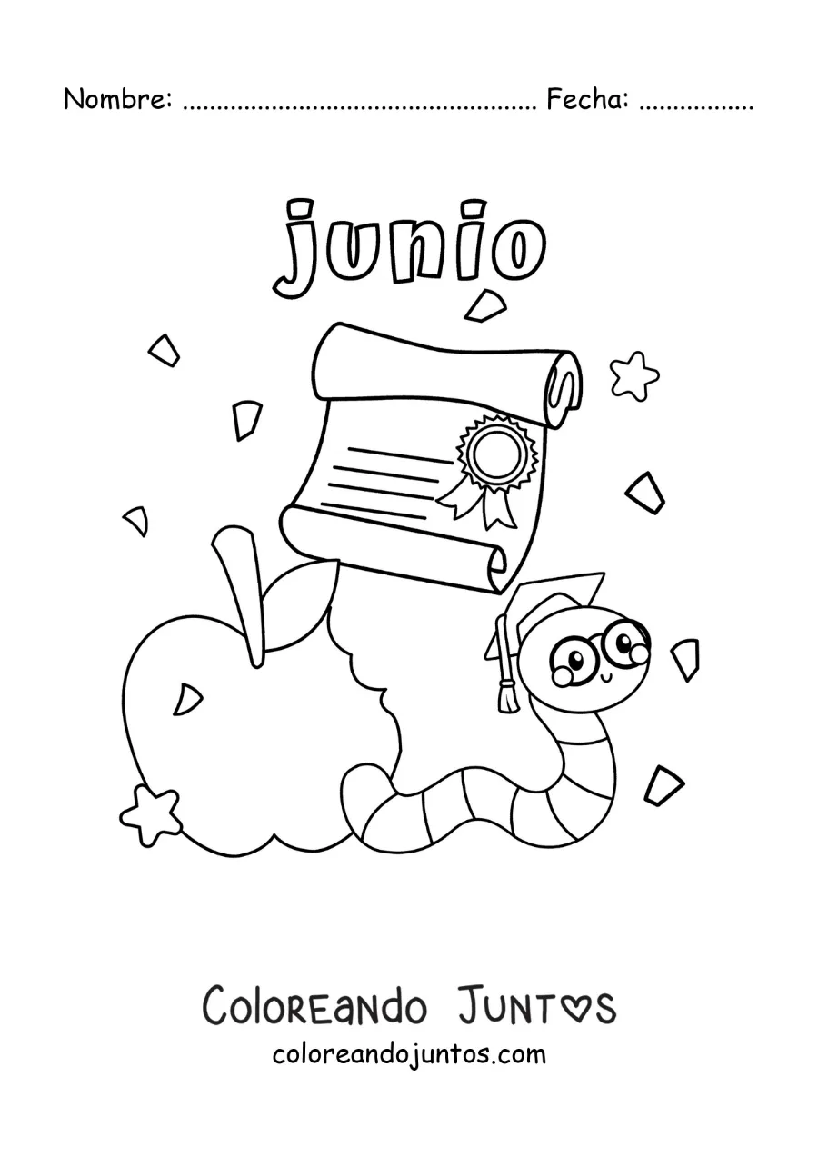 Imagen para colorear de junio con un gusano animado con birrete y diploma de graduación