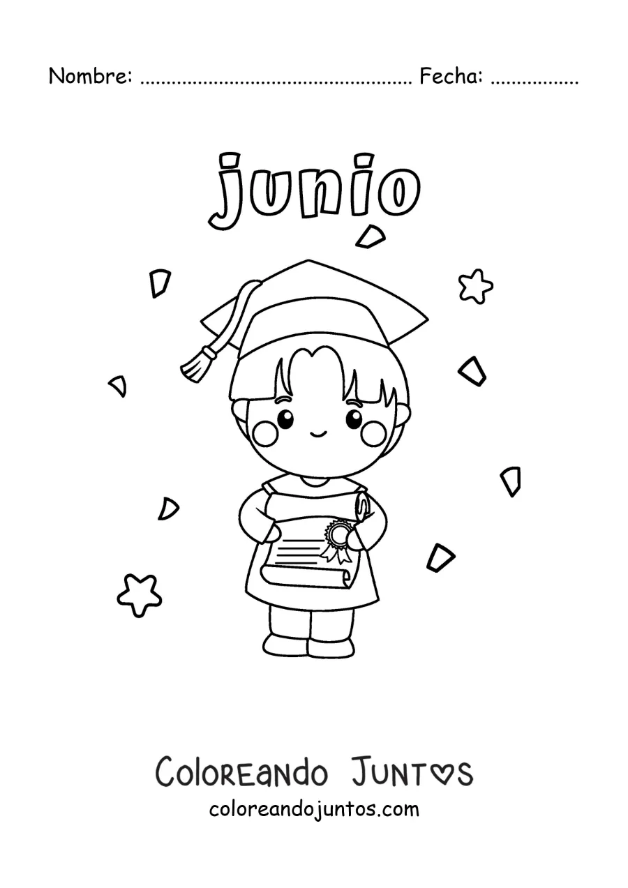 Imagen para colorear de junio con un niño con diploma y birrete en su graduación