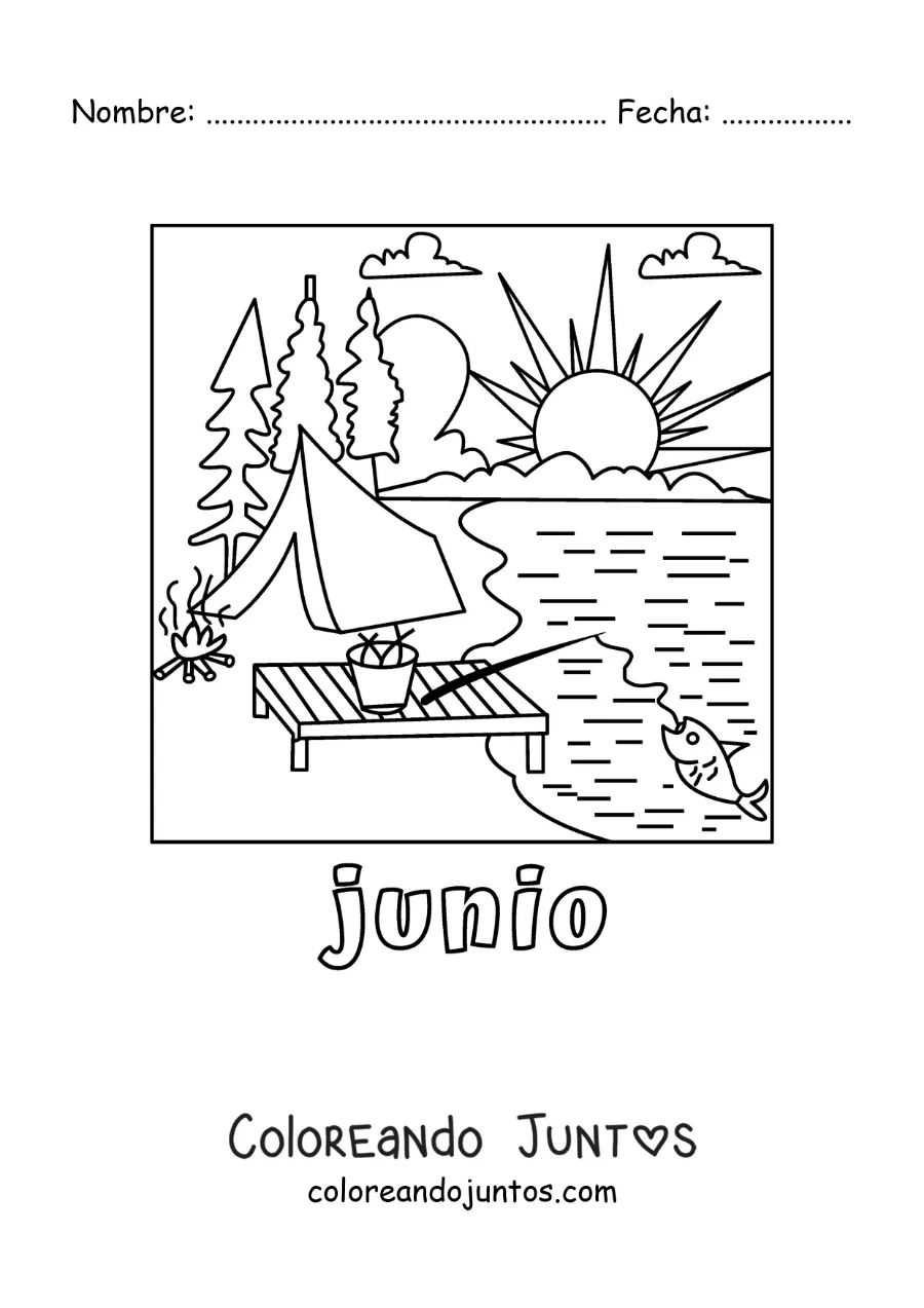 Imagen para colorear de junio con un campamento a la orilla del lago