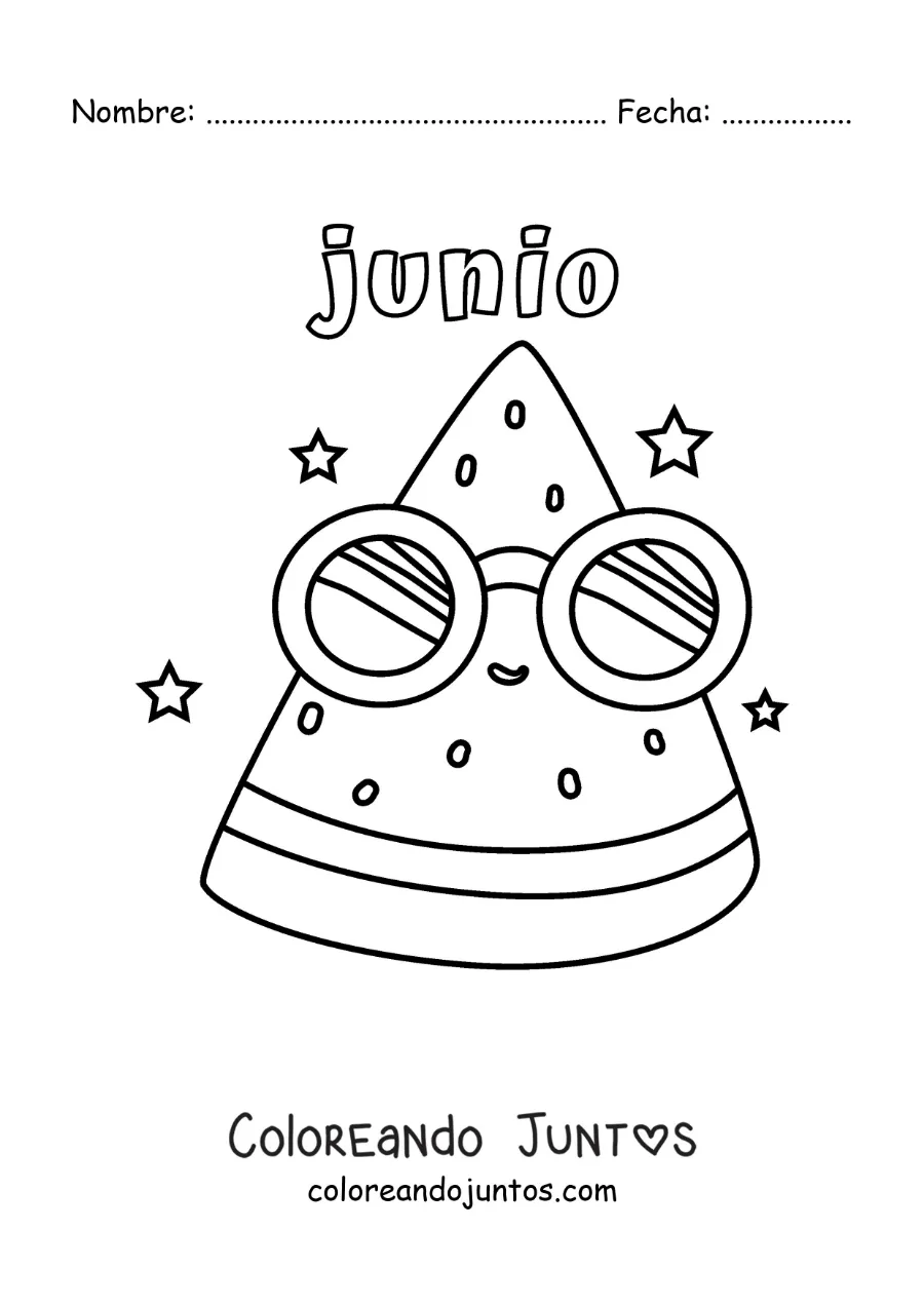 Imagen para colorear de junio con una sandía animada con lentes de sol en verano