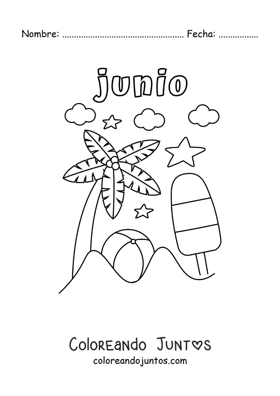 Imagen para colorear de junio con un día de verano en una playa con una palmera y una pelota