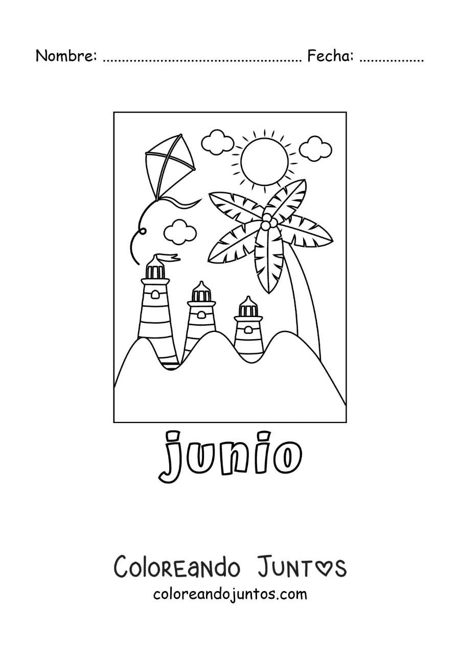 Imagen para colorear de junio con un día de verano en una playa con faros y una cometa