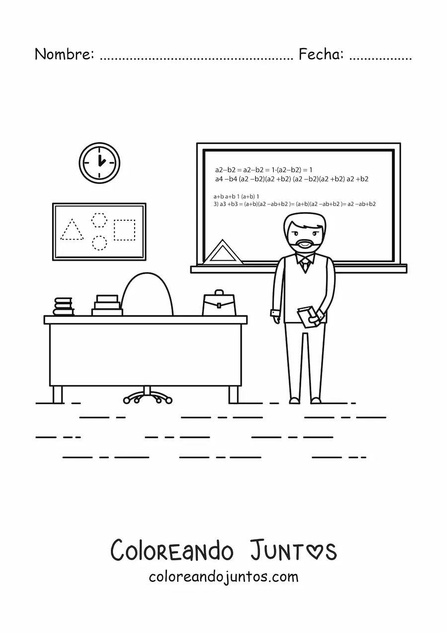 Imagen para colorear de un profesor explicando matemáticas ante el pizarrón