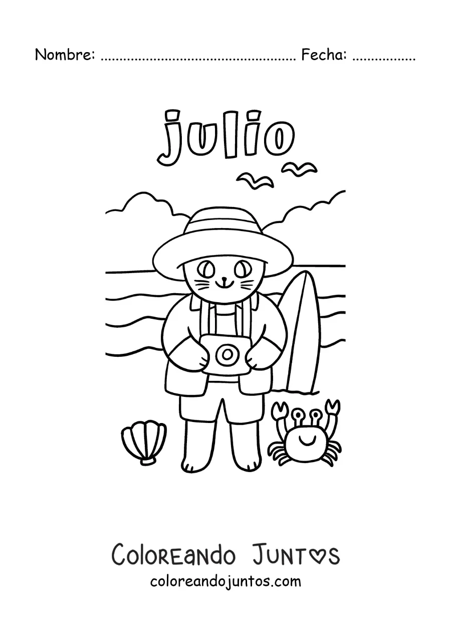 Imagen para colorear de julio con un gato turista animado en la playa