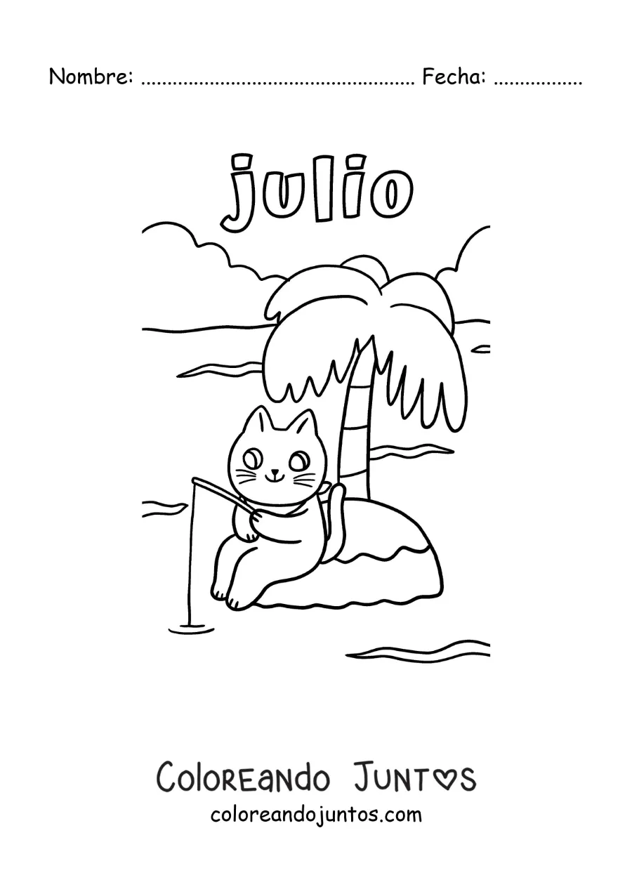 Imagen para colorear de julio con un gato animado pescando en una isla
