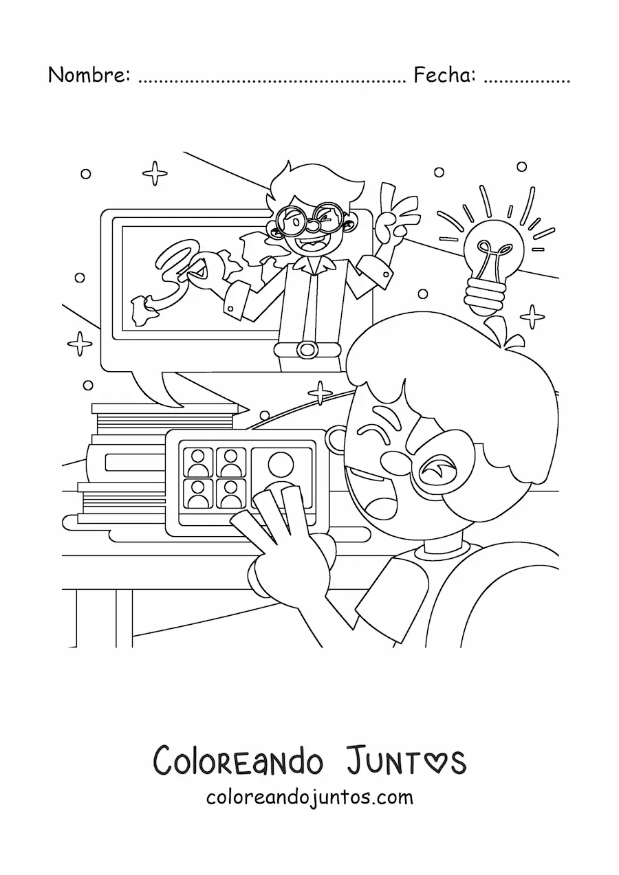 Imagen para colorear de un alumno viendo en la laptop al profesor dando clases