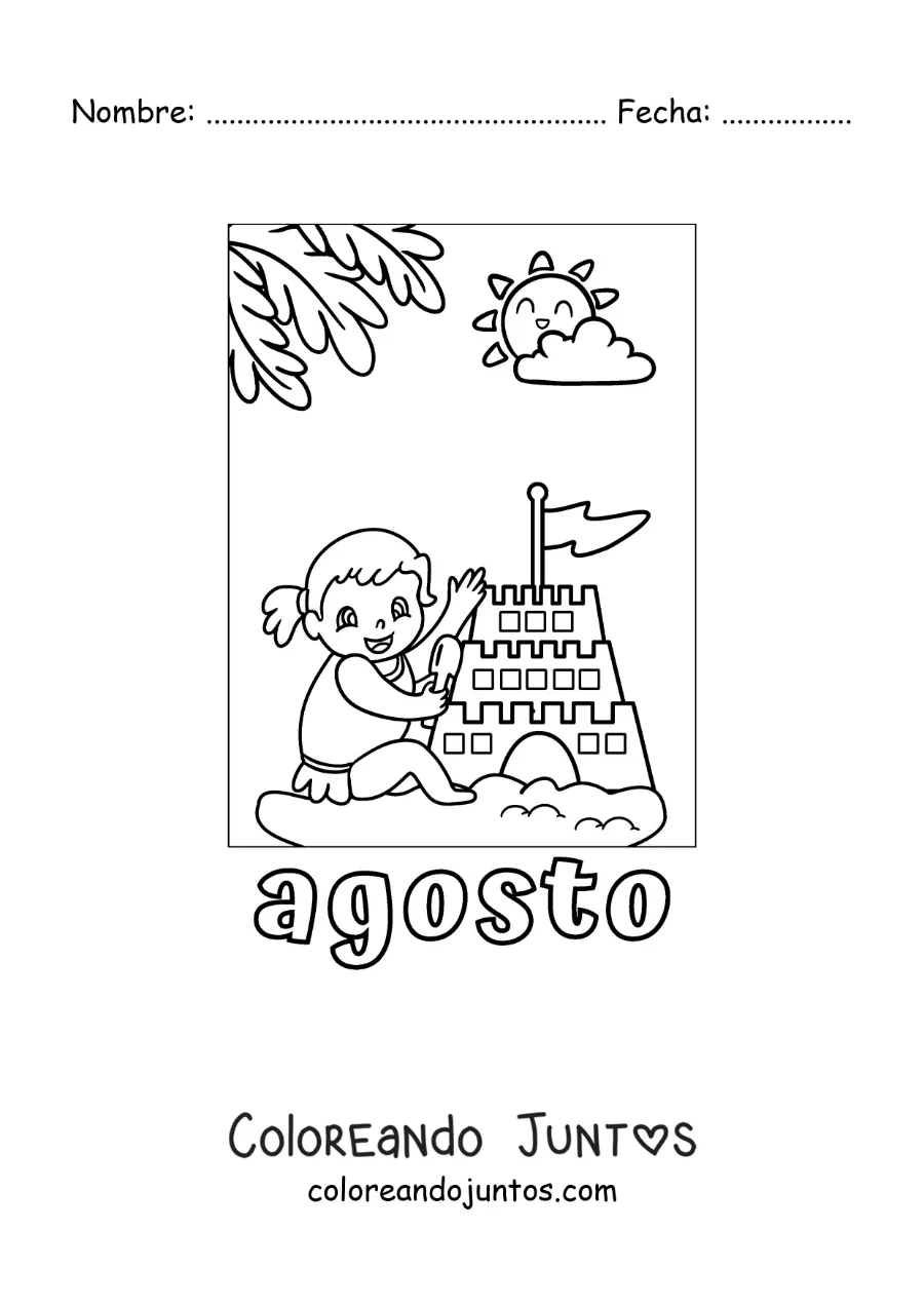 Imagen para colorear de agosto con una niña de vacaciones haciendo un castillo de arena