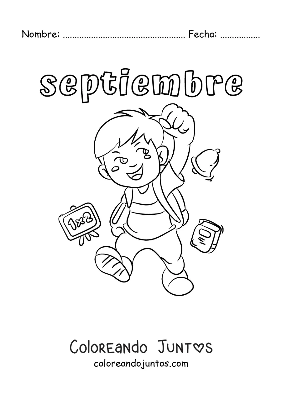 Imagen para colorear de septiembre con un niño de regreso a clases