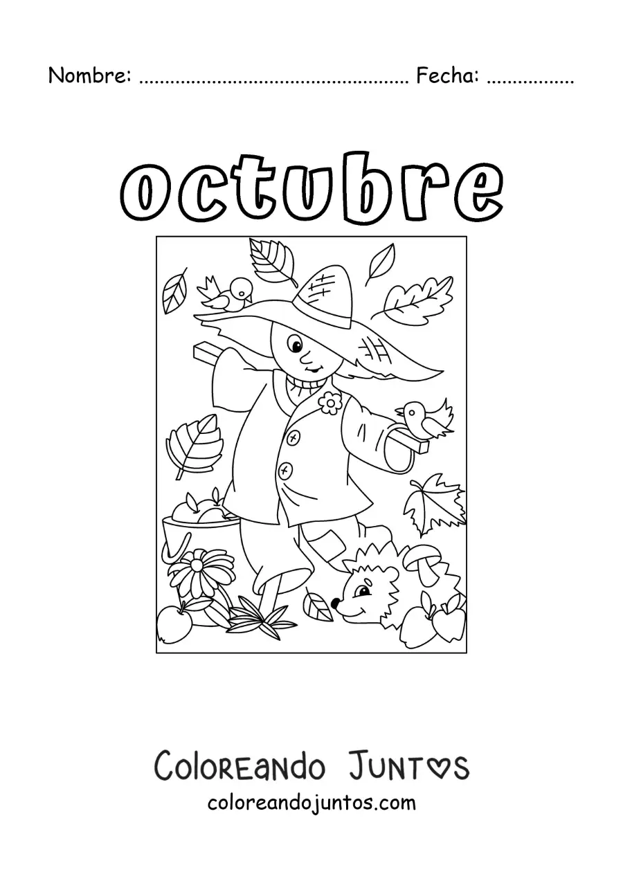 Imagen para colorear de octubre con un espantapájaros animado de otoño